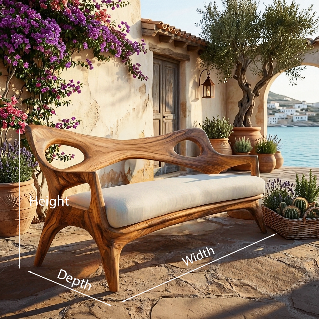 Wooden Sofa With Curved Sculptural Backrest For Living Room