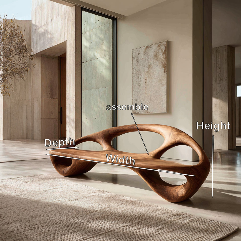 Minimalist Wood Bench With Sculptural Backrest For Living Room