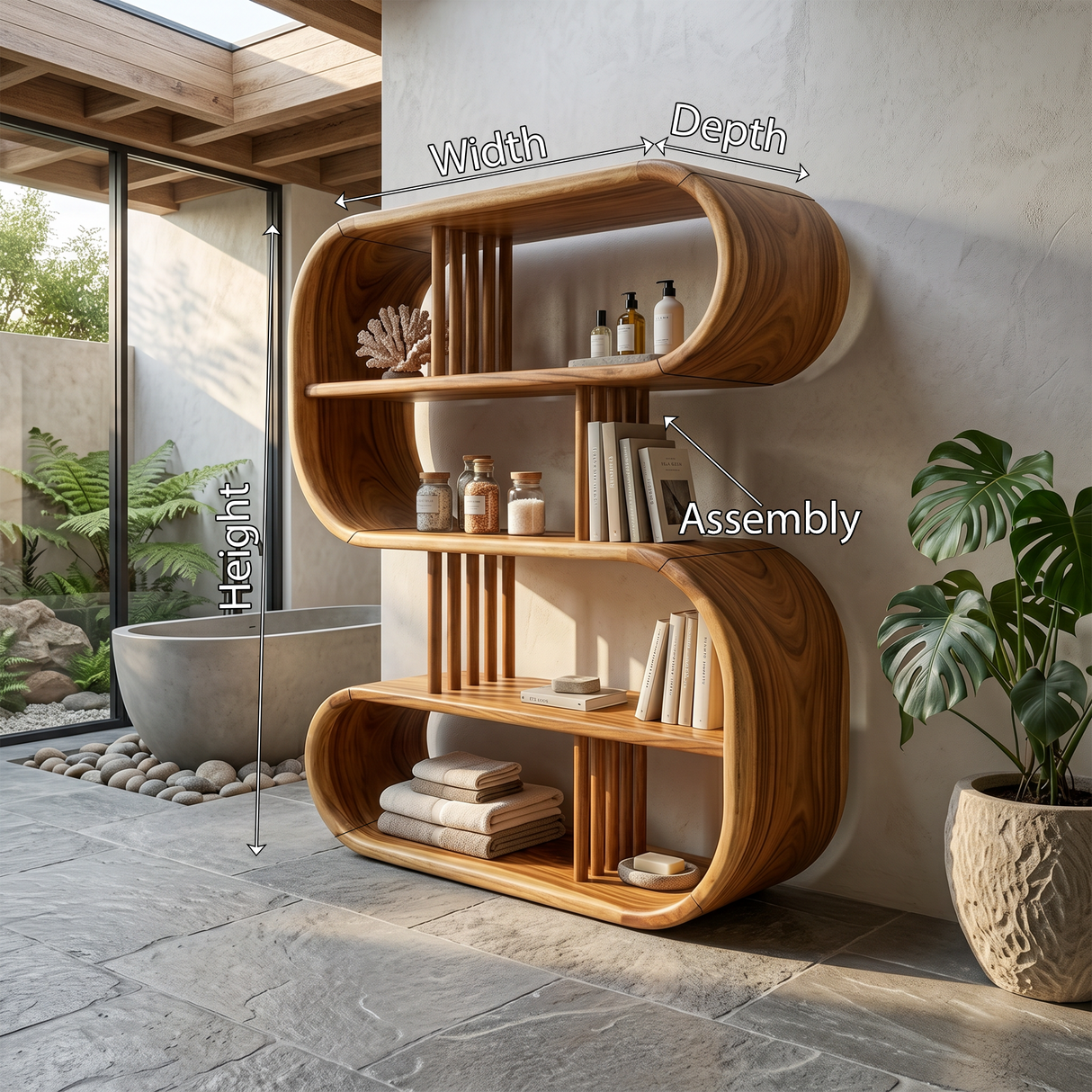 Elegant Curved Wooden Bathroom Shelf With Spa Inspired Design