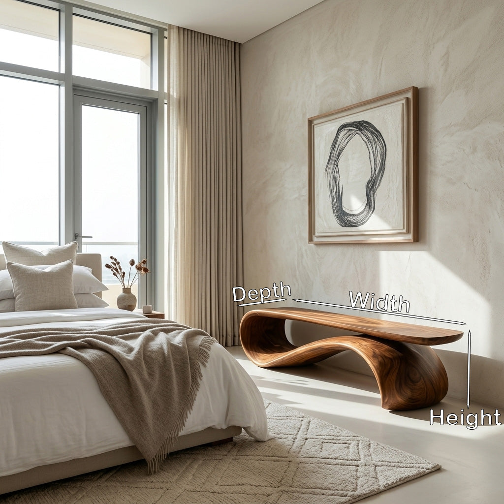 Modern Sculptural Wood Bench For Hallway Accent Decor