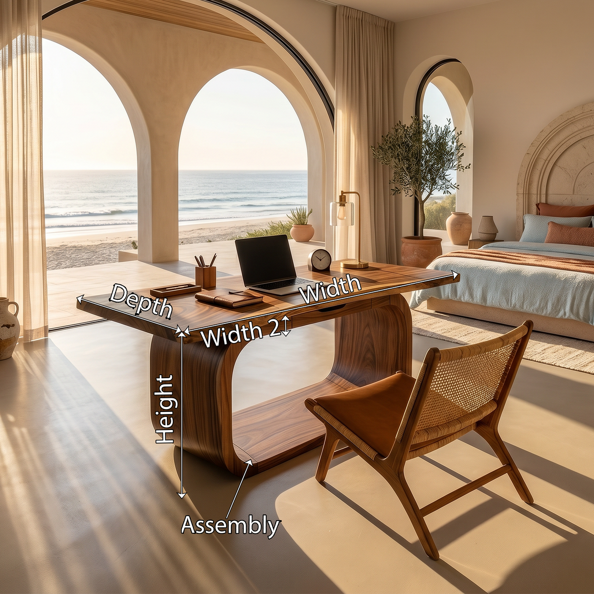 Resort Style Executive Desk With Curved Base For Ocean View Bedroom