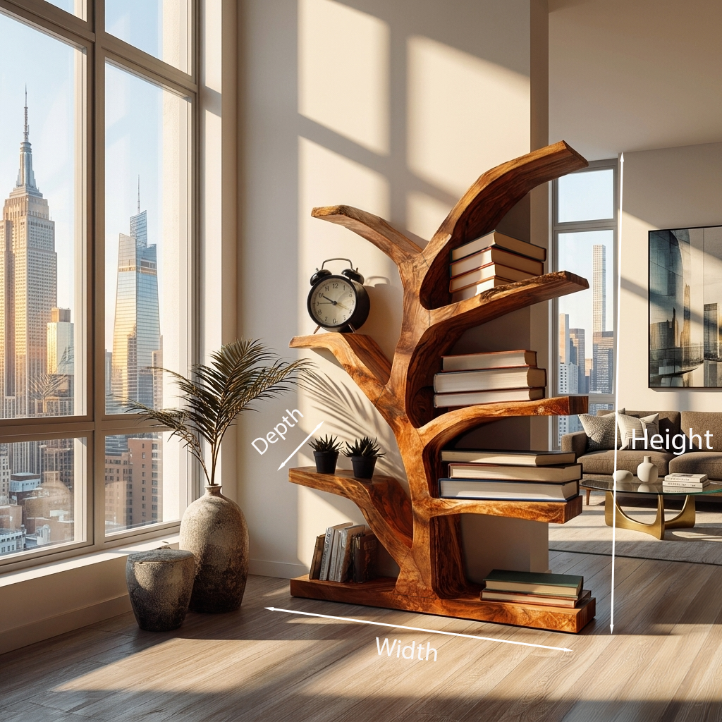 Wooden Bookshelf With Organic Form For Living Area