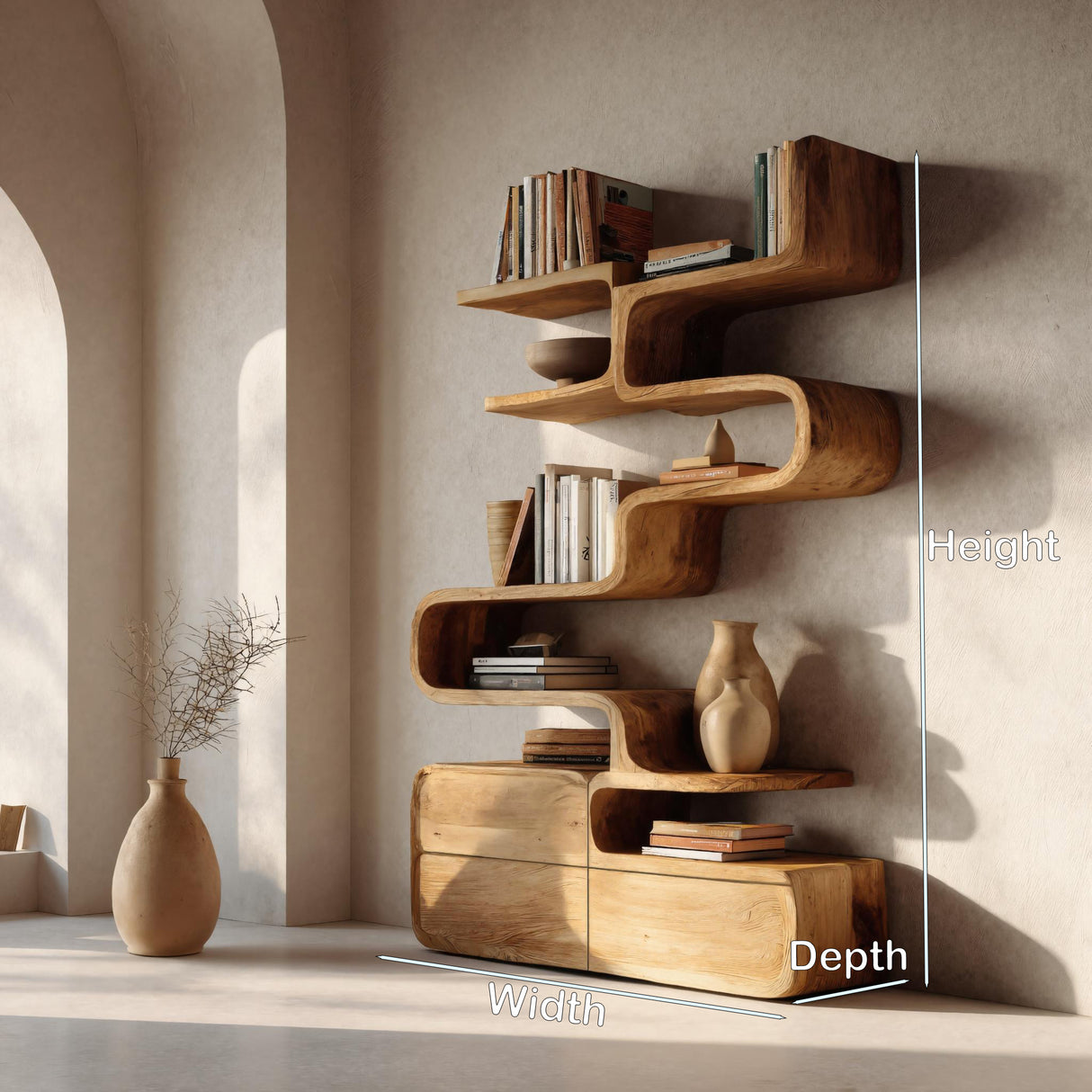 Scandinavian Sculptural Wooden Bookshelf For Living Room