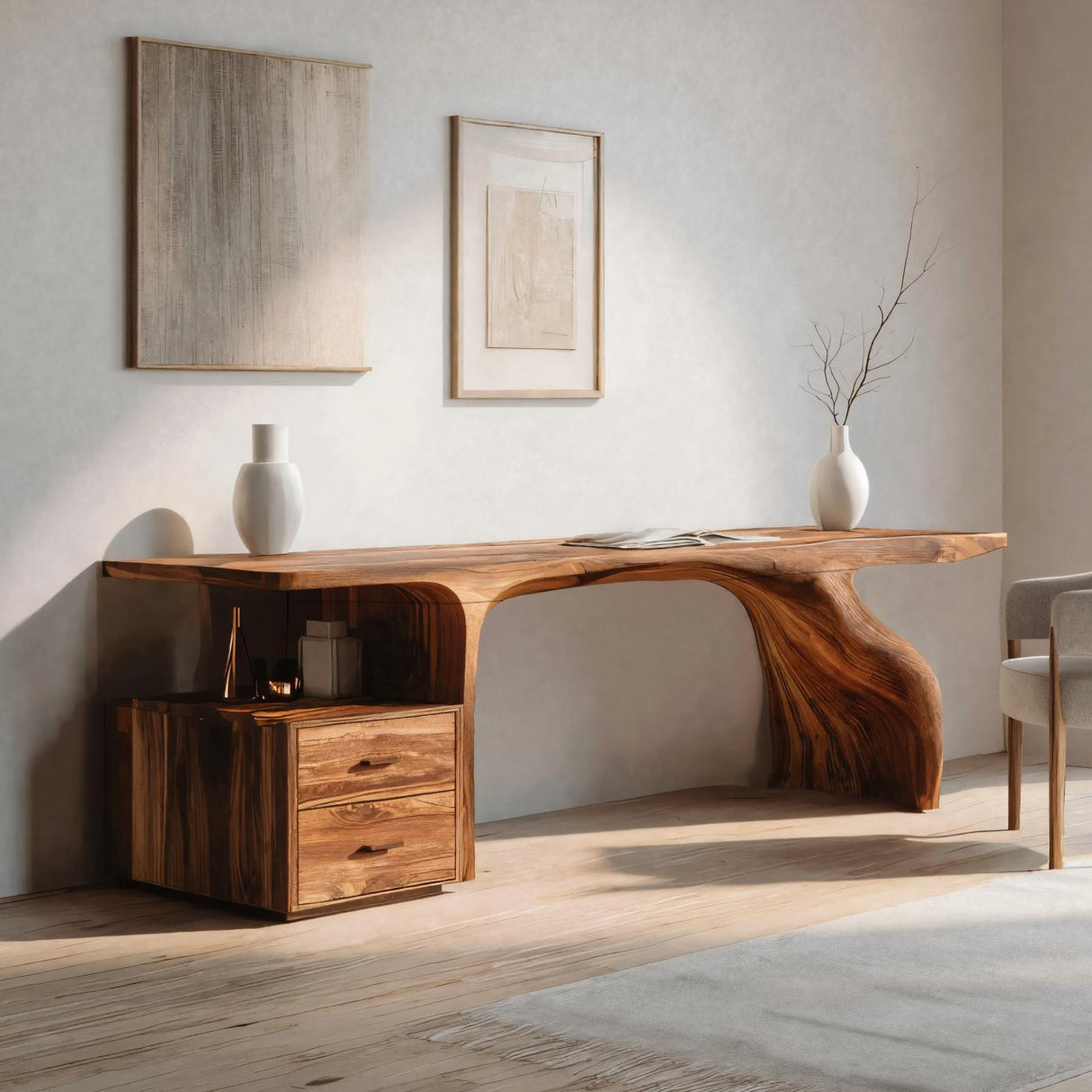 Organic Live Edge Wood Desk With Storage Drawers For Workspace