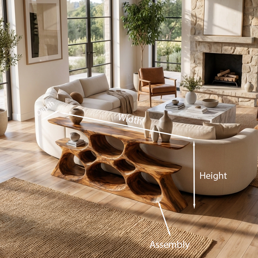 Elegant Wooden Console Table With Sculptural Shelves For Home Decor