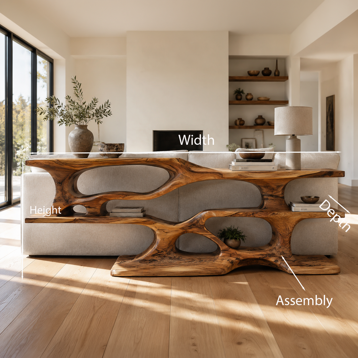 Wooden Console Table With Sculptural Open Shelves For Living