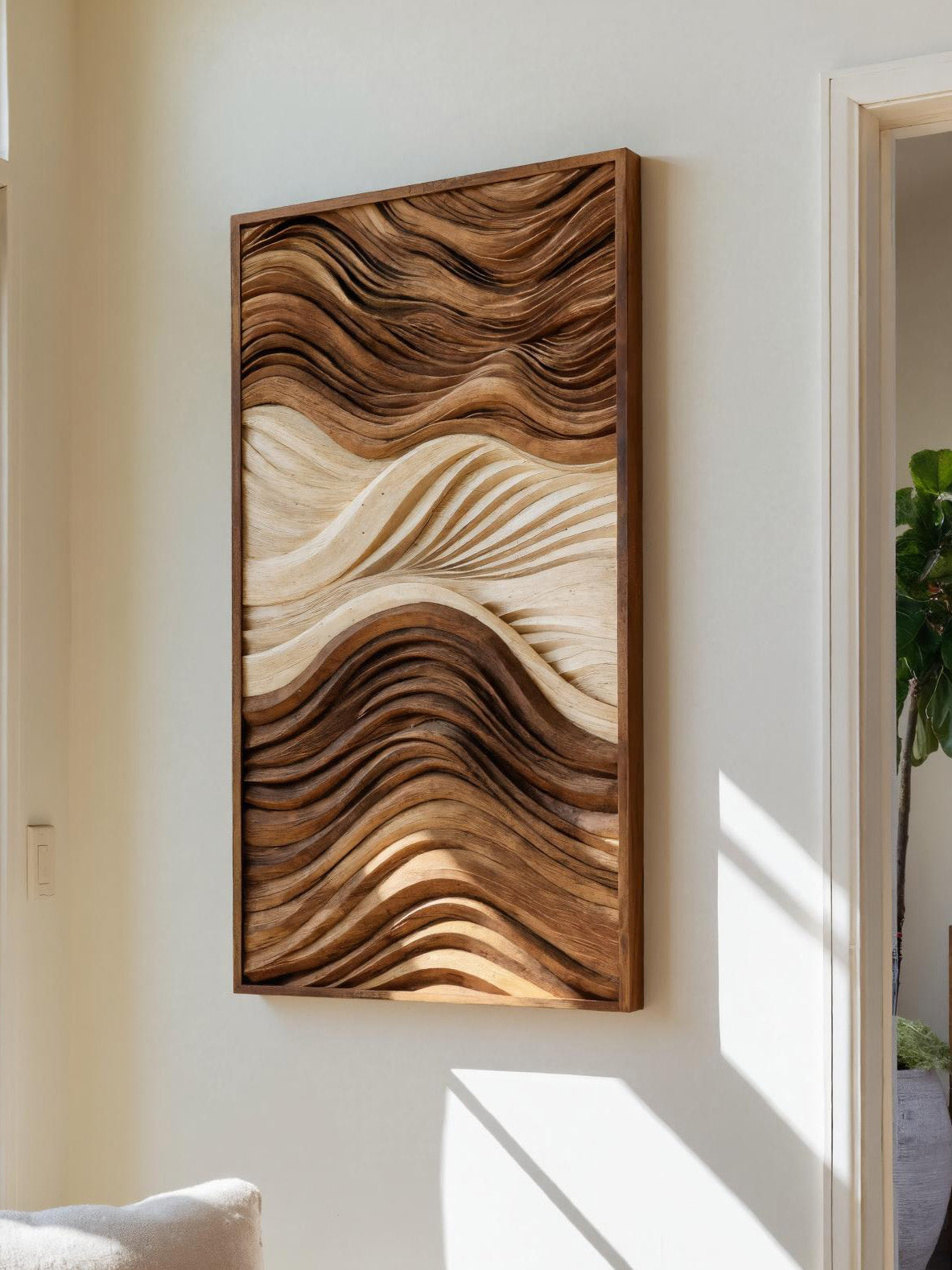 Vertical Sculptural Wall Art With Wave Carved Design For Entryway