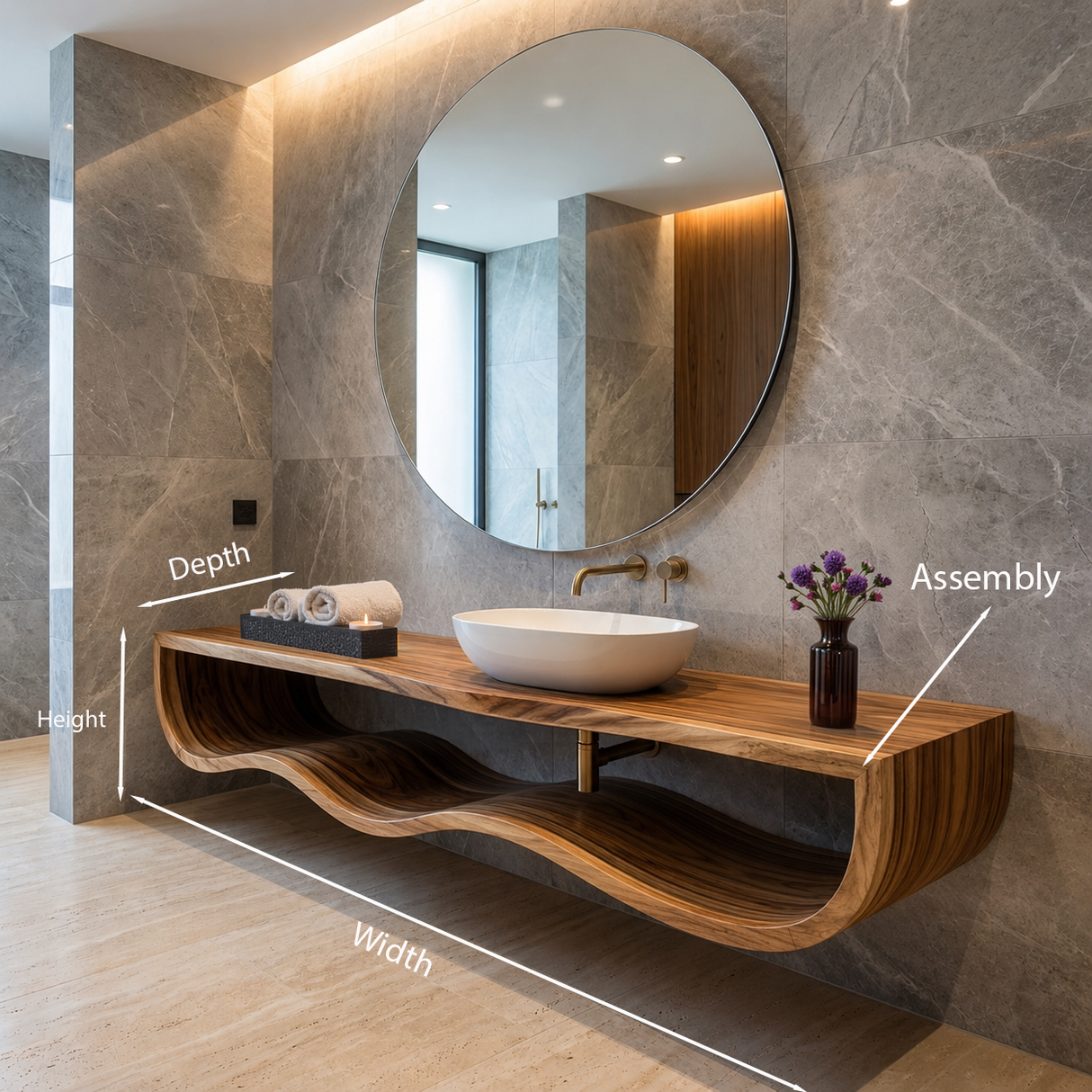 Wood Bathroom Vanity With Floating Wave Shelf For Modern Bath