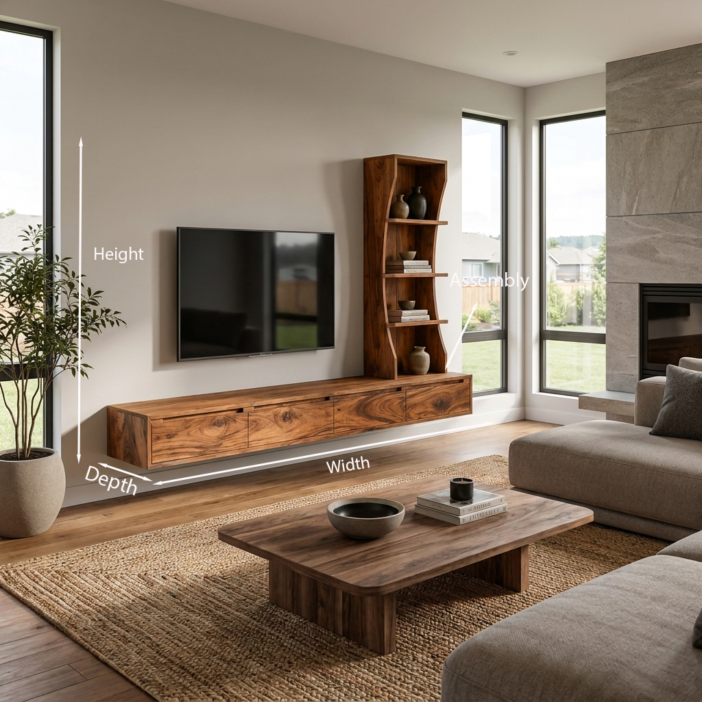 Wall Mounted Wood TV Console With Vertical Storage For Living