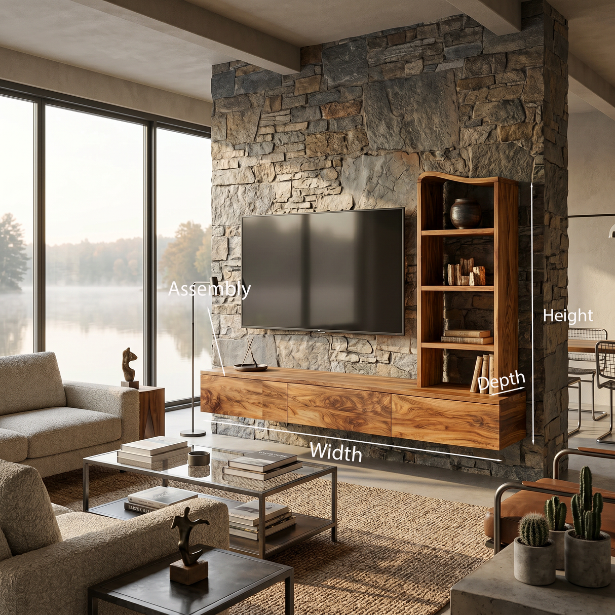 Wood Wall Mounted TV Console With Side Storage For Living