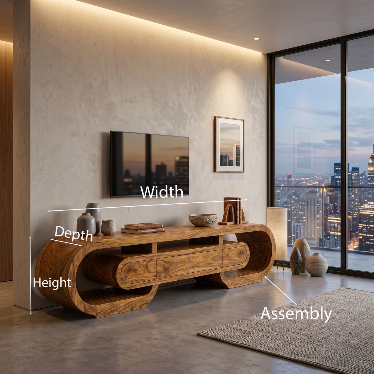 Modern Wood TV Cabinet Curved Design With Drawers For Living