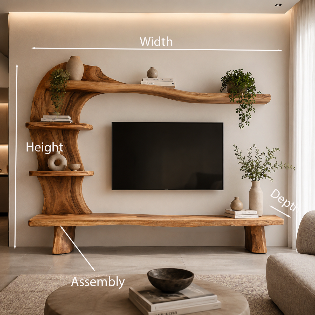 Handcrafted Wood TV Shelf With Curved Frame For Living Room