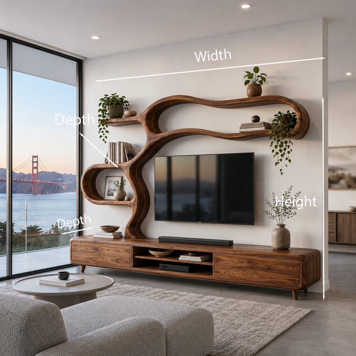 Contemporary Wooden TV Cabinet With Sculptural Frame For Living Room