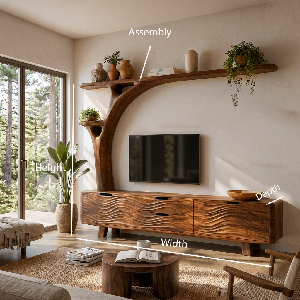 Contemporary Wood TV Cabinet With Curved Shelf For Living Storage