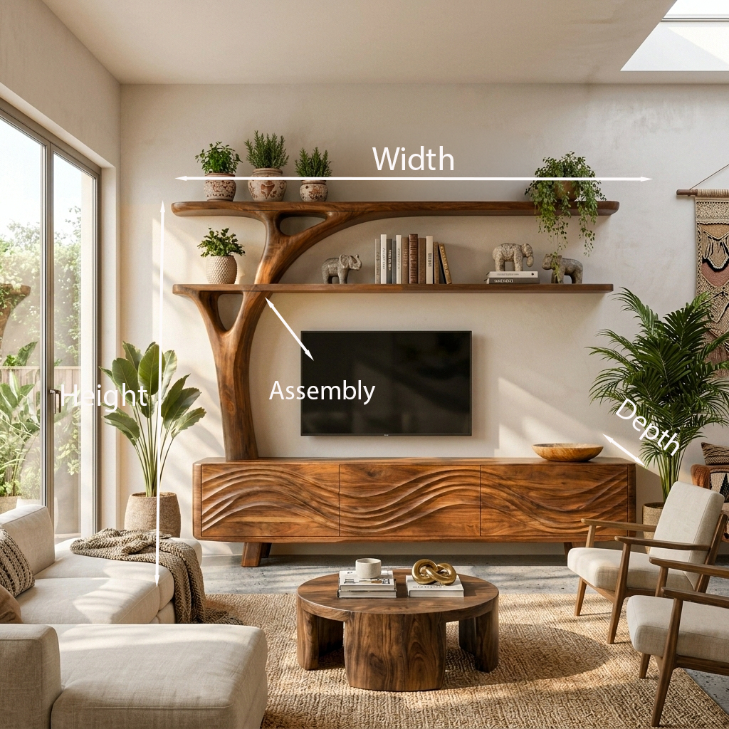 Luxury Wood TV Cabinet With Sculptural Open Shelving For Interior