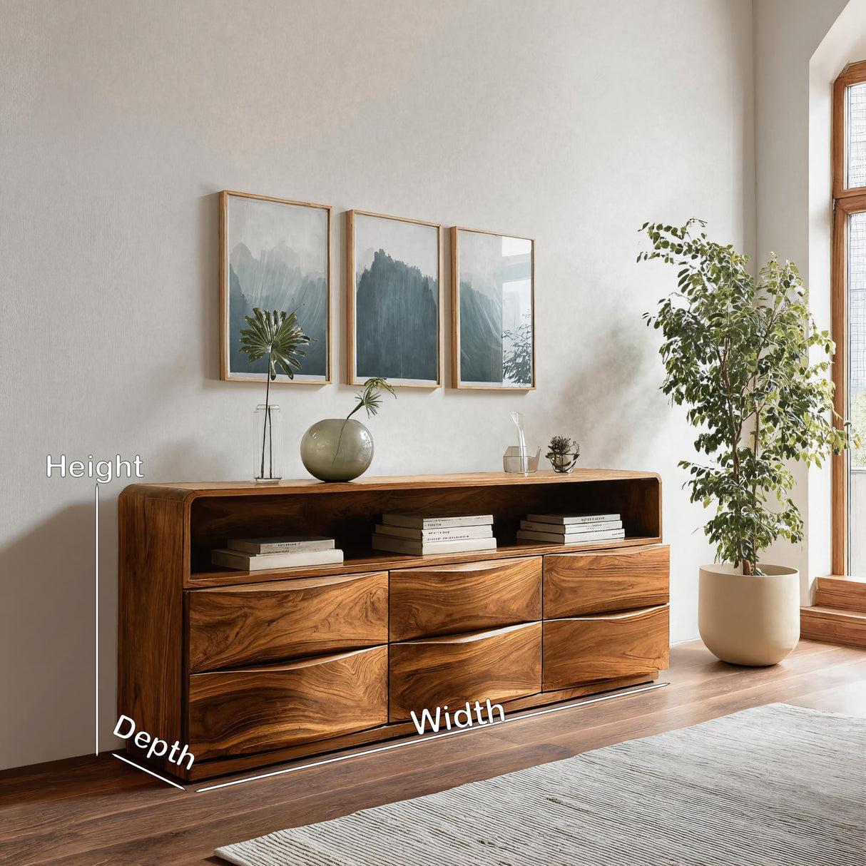 Mid Century Wooden Sideboard With Drawers For Living Room