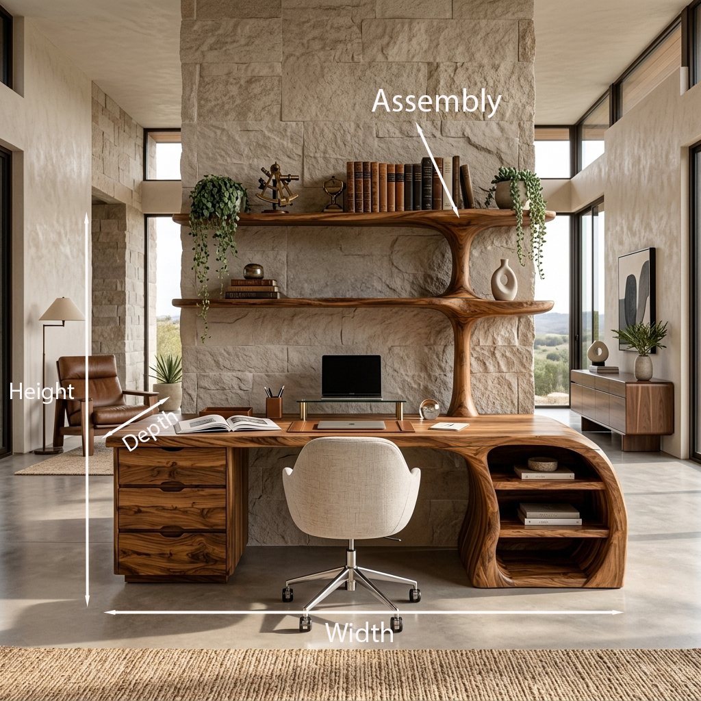 Organic Wood Desk With Sculptural Open Shelves For Home Workspace