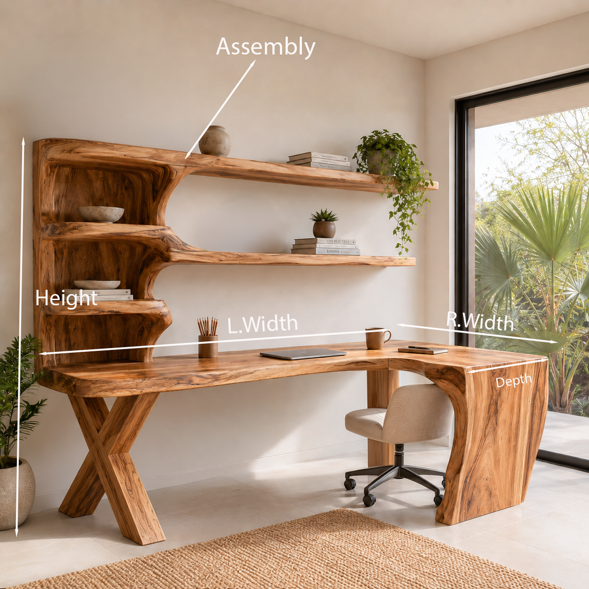 Contemporary Wood Desk With Curved Bookshelves For Home Office