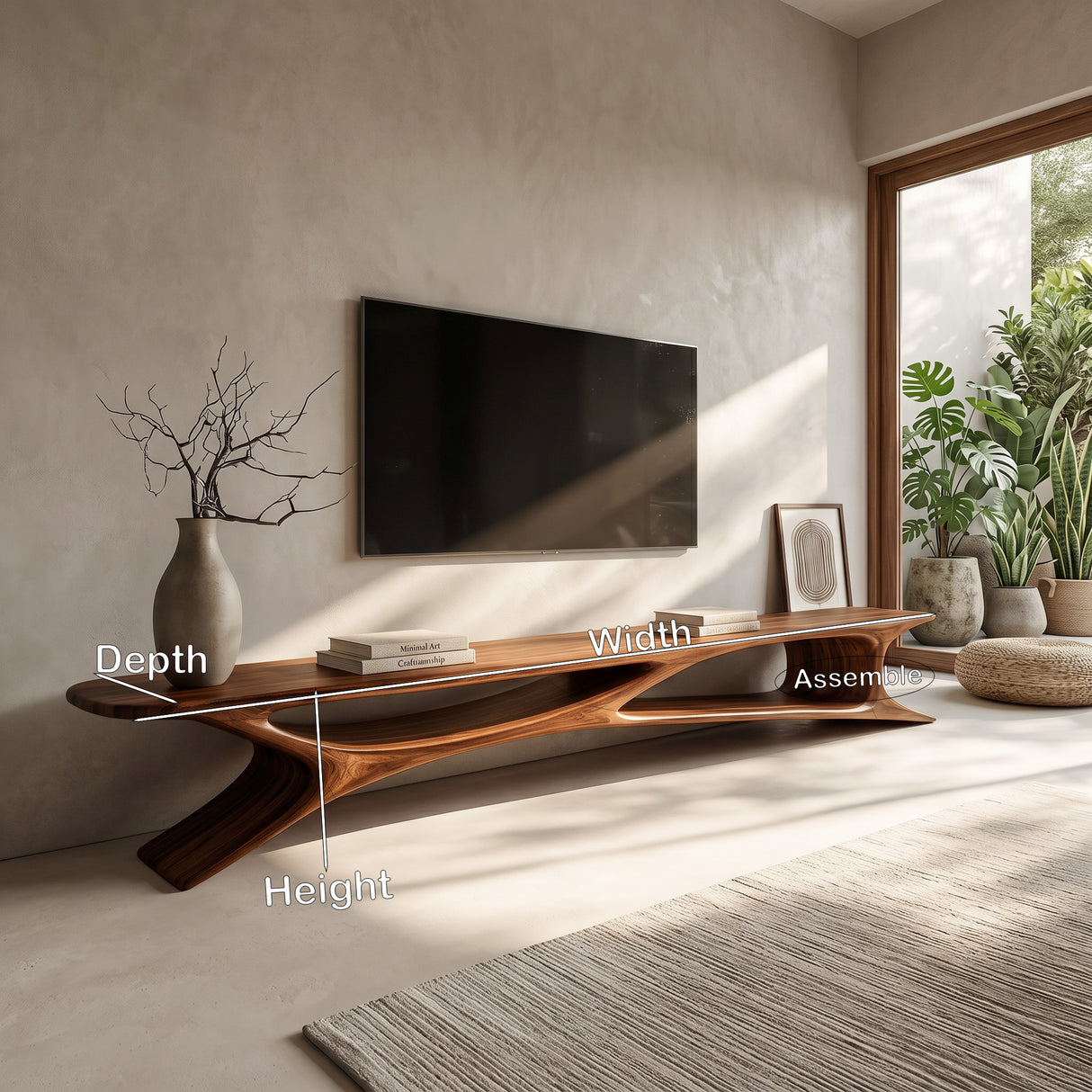 Handcrafted Sculptural Wooden TV Stand For Living Room