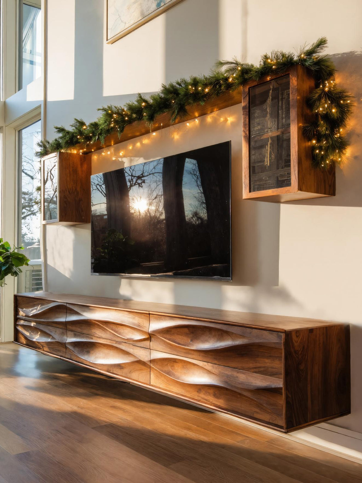 Wave Pattern Floating TV Console For Living Room Decor