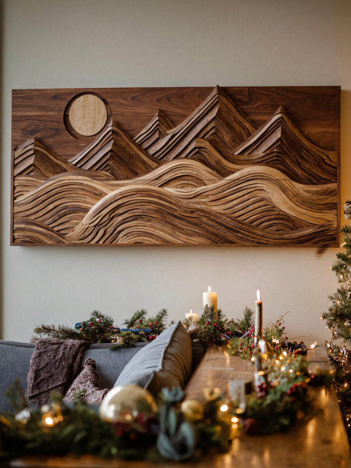 Modern Wall Art With Layered Mountain And Sun For Holiday Decoration