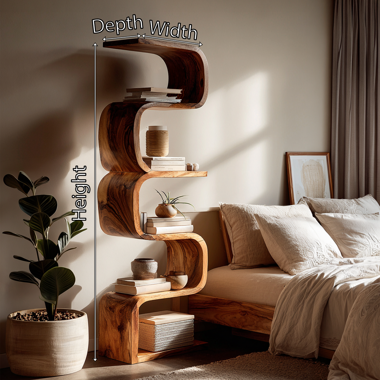 Rustic Farmhouse Wavy Bookshelf Bedroom Corner Display