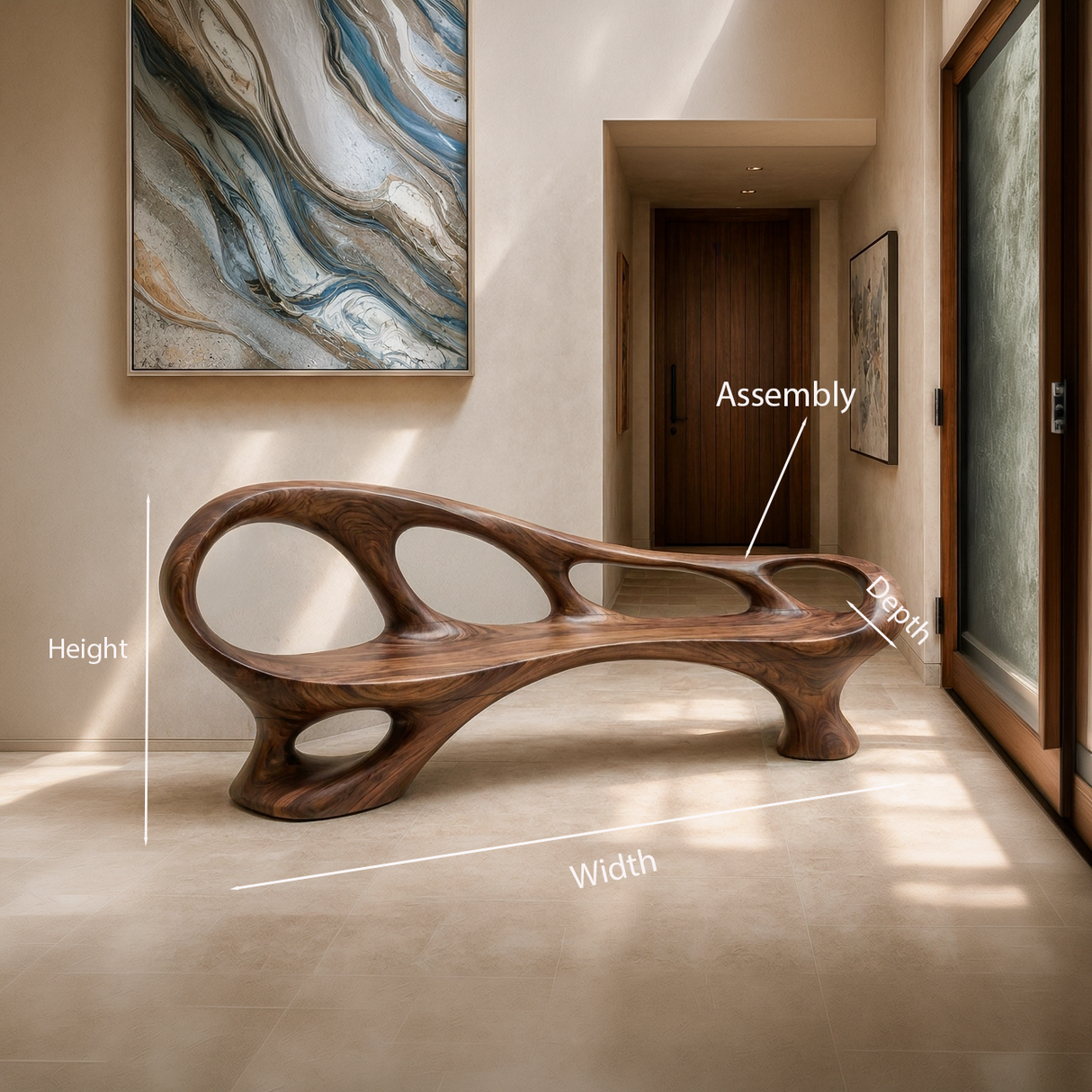 Organic Wooden Bench With Sculptural Continuous Frame For Entryway