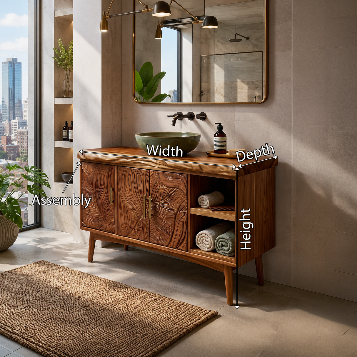 Urban Wooden Sink Vanity With Carved Doors Master Bathroom