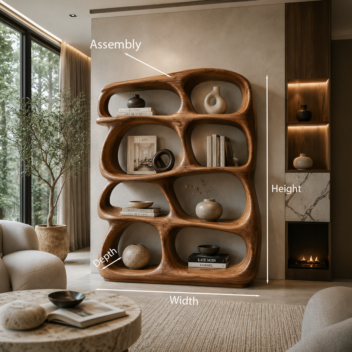 Organic Wooden Bookshelf With Sculptural Open Shelving For Living Room