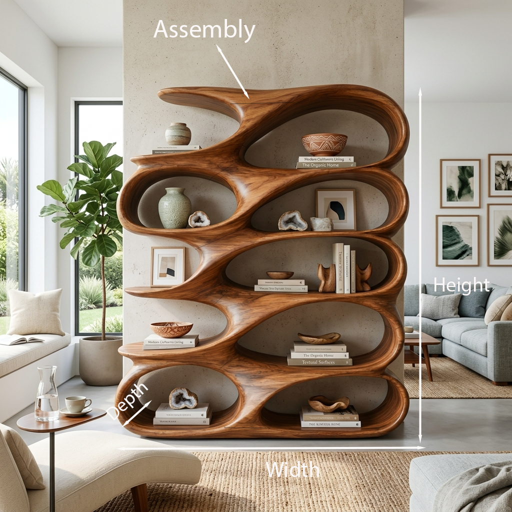 Modern Sculptural Bookshelf With Carved Flowing Shelves For Home