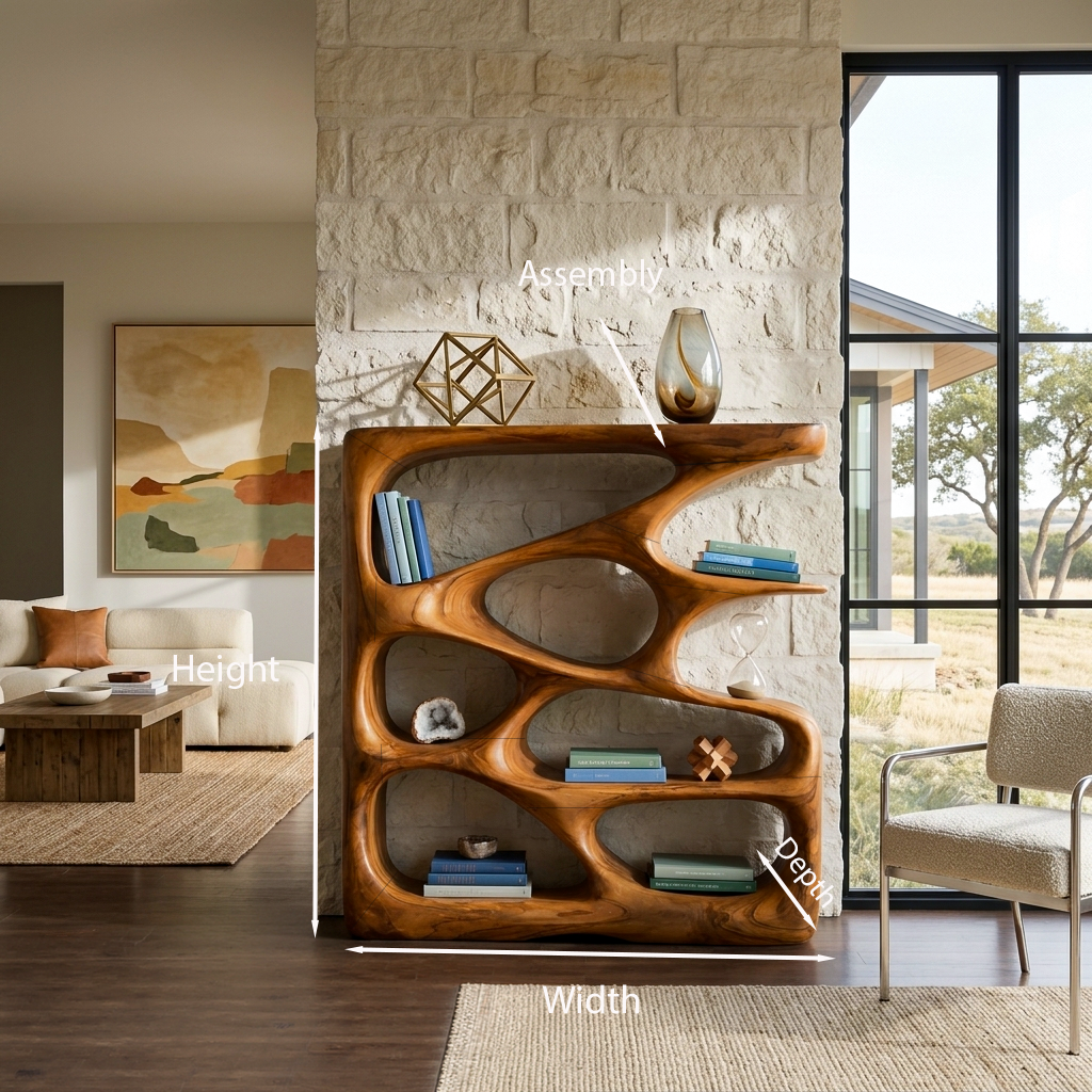 Designer Wooden Bookshelf With Sculptural Shelves For Decorative Accents