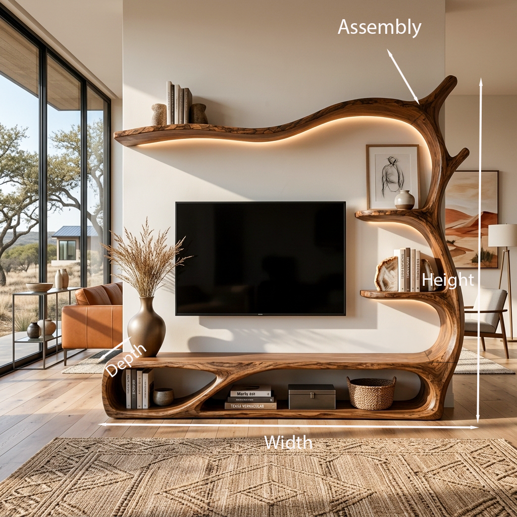 Rustic Wooden TV Stand Sculptural Flow Form For Living Furniture