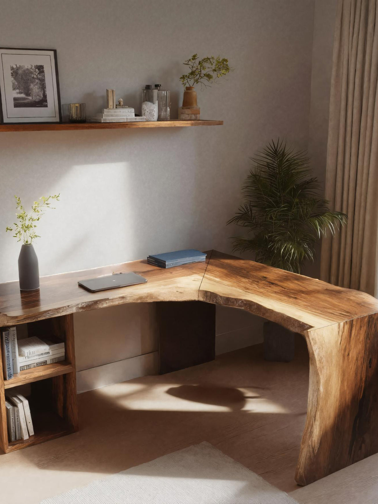 Rustic Live Edge L Shaped Desk With Bookshelf For Workspace