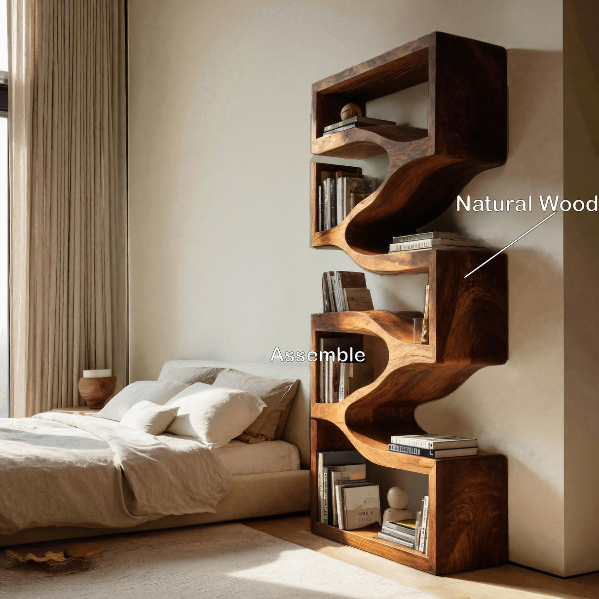 Sculptural Wooden Wall Bookcase For Modern BedRoom