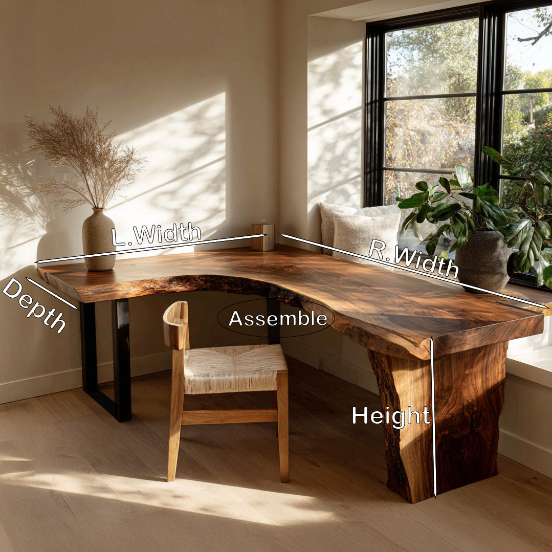 Organic Wooden L Desk With Live Edges For Minimalist Workspace