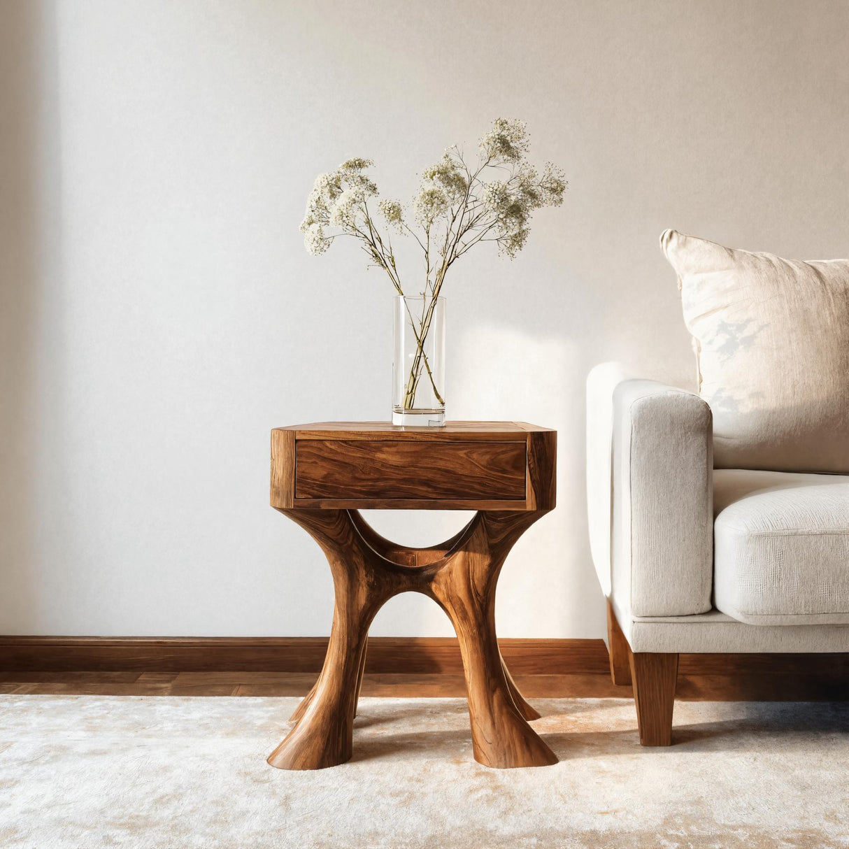 Unique Sculptural Side Table With Drawer For Living Room