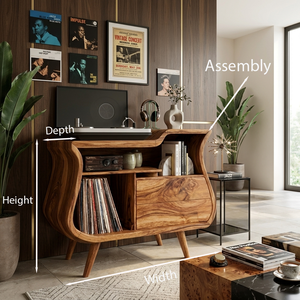 Rustic Wooden Record Storage Cabinet With Drawers For Living Room