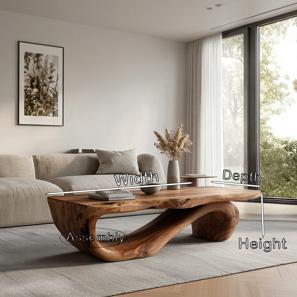 Organic Coffee Table With Carved Wood Base For Living Room