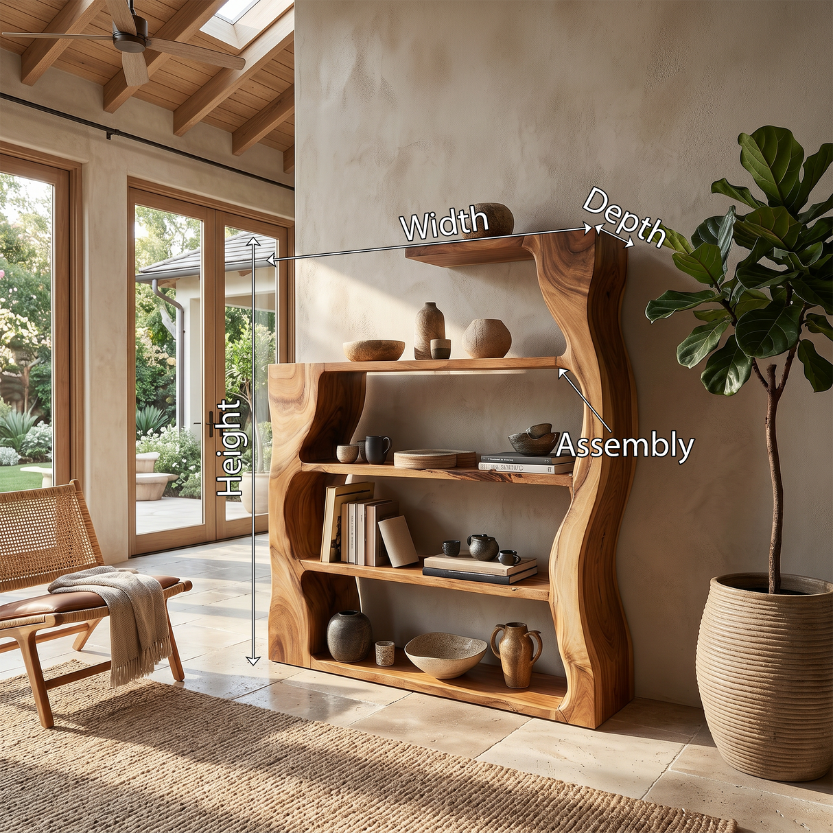 Organic Modern Wooden Bookshelf With Asymmetrical Curved Profile