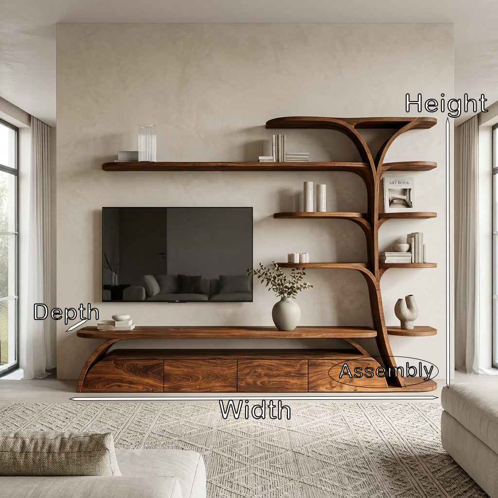 Organic Wooden TV Stand With Display Shelves For Living Room