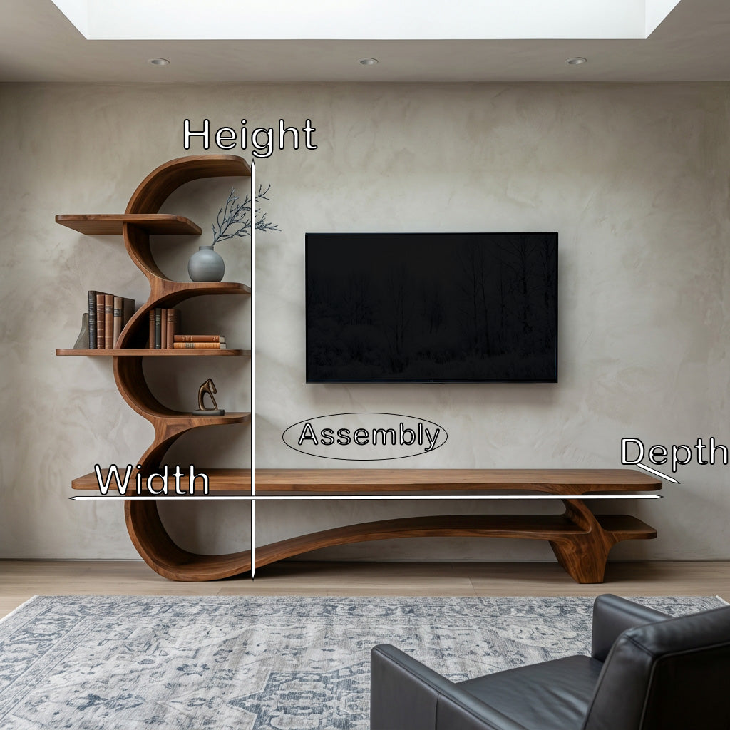 Organic Wood TV Stand With Side Curved Shelf For Living