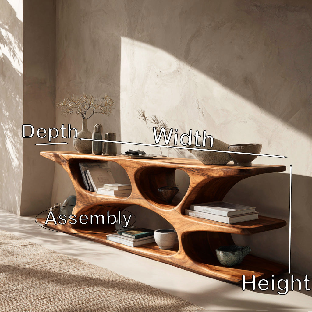 Sculptural Low Bookshelf With Multi Display Compartment For Living Room