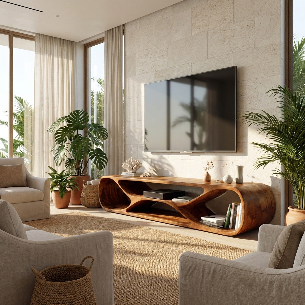 Contemporary Curved Wood TV Stand For Modern Living Room