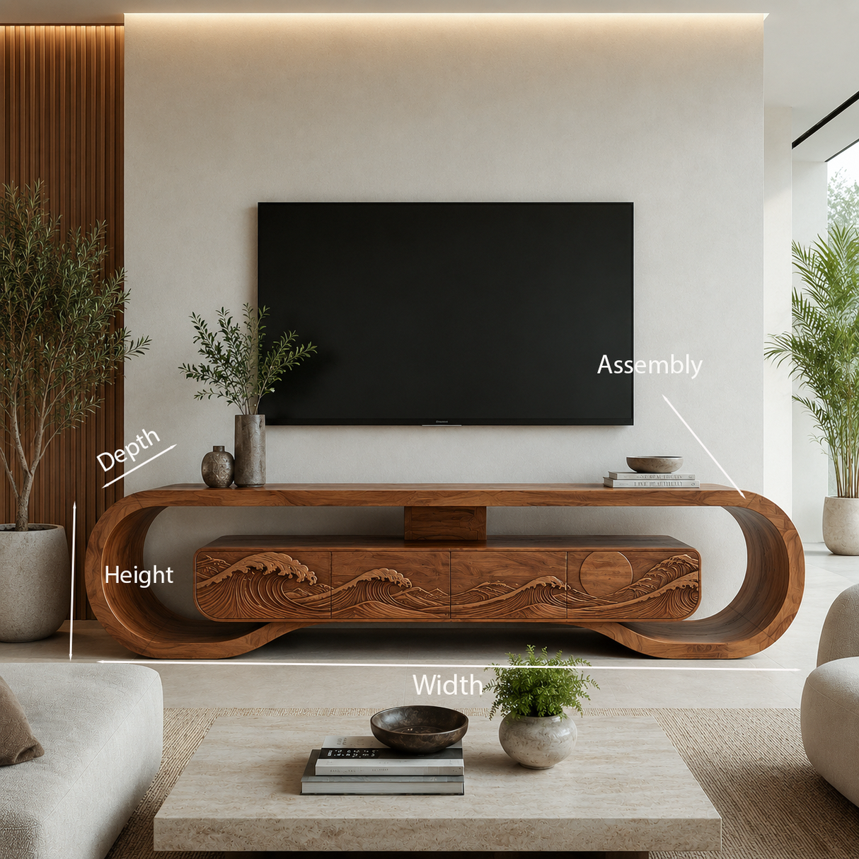 Wooden TV Stand With Carved Ocean Wave For Luxury Home