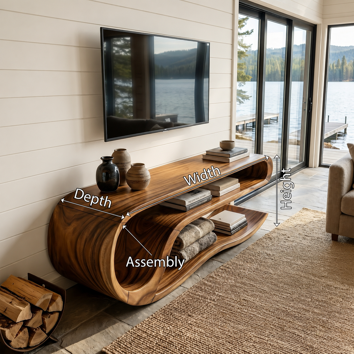 Organic Curved Media Console For Lake House Living Room