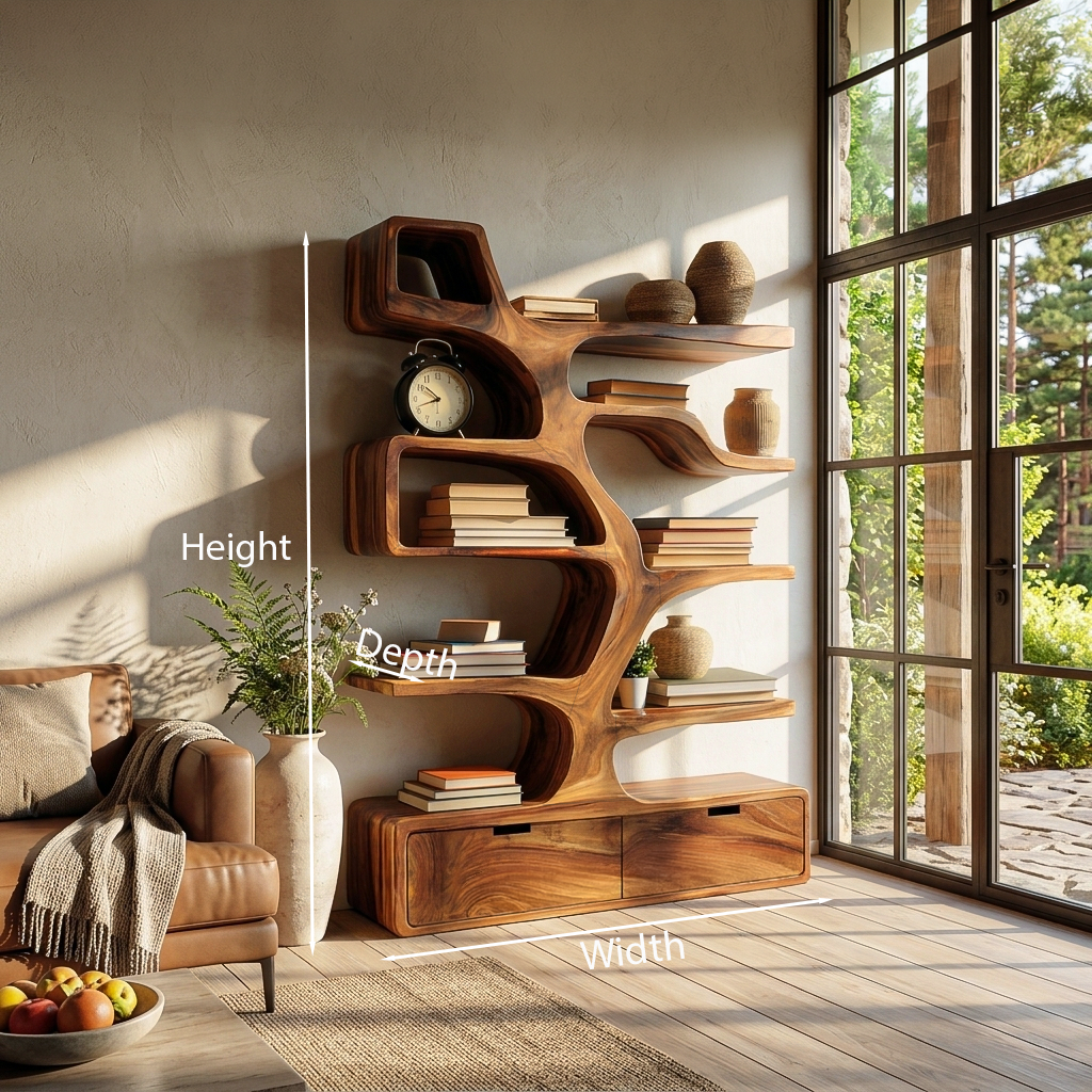 Contemporary Wooden Bookshelf Sculpted Design For Living Space