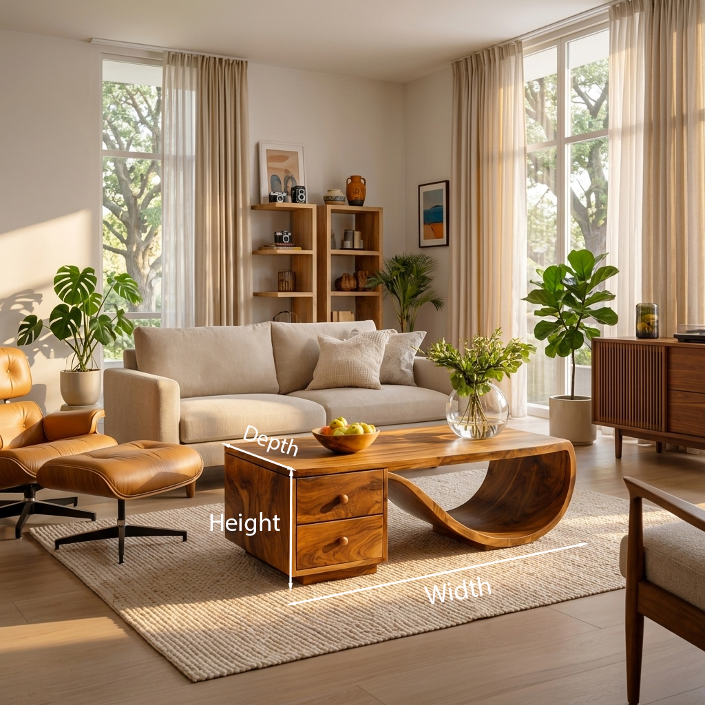 Wood Coffee Table With Unique Curved Base And Drawer For Home