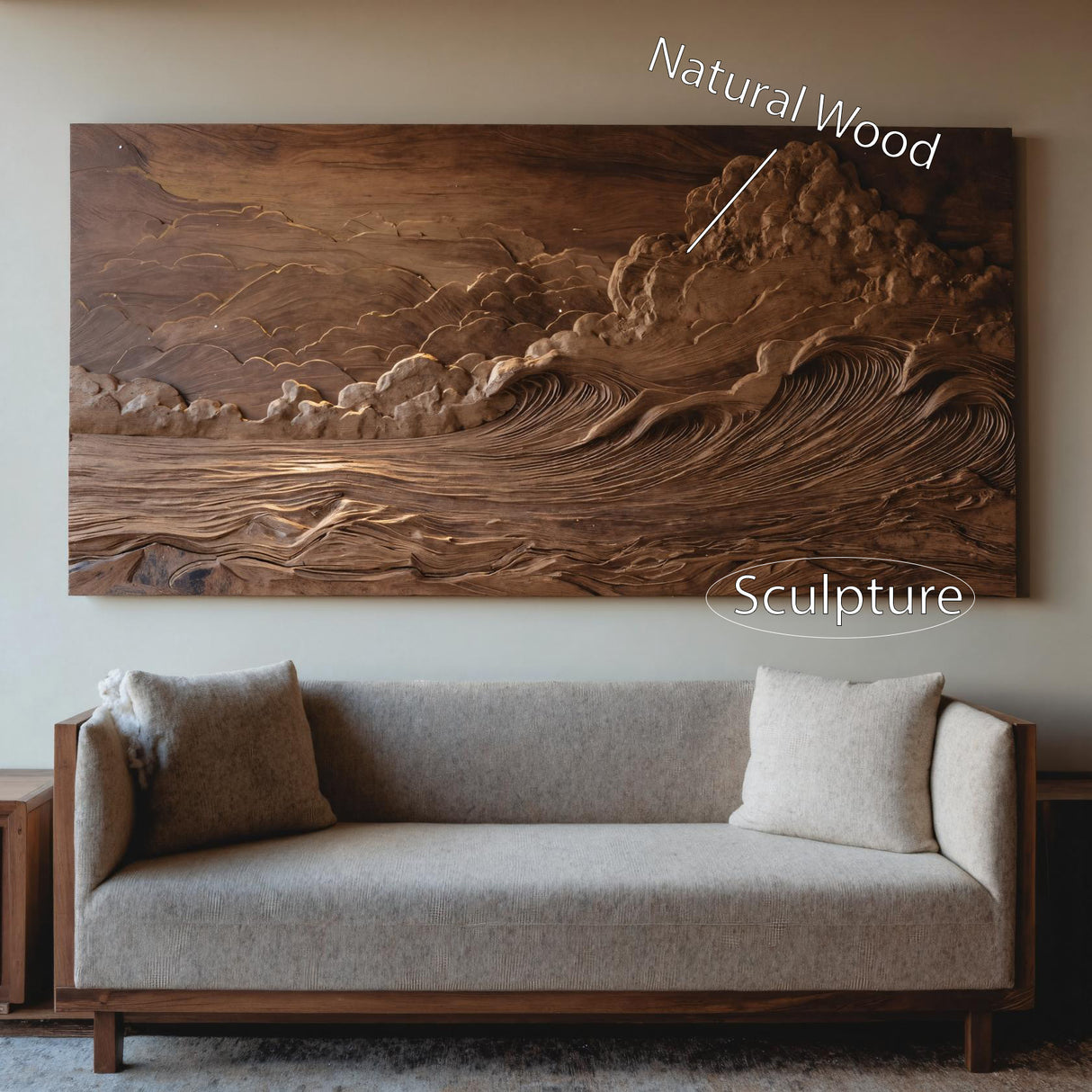 Hand Carved Wall Art With Ocean And Clouds For Living Room