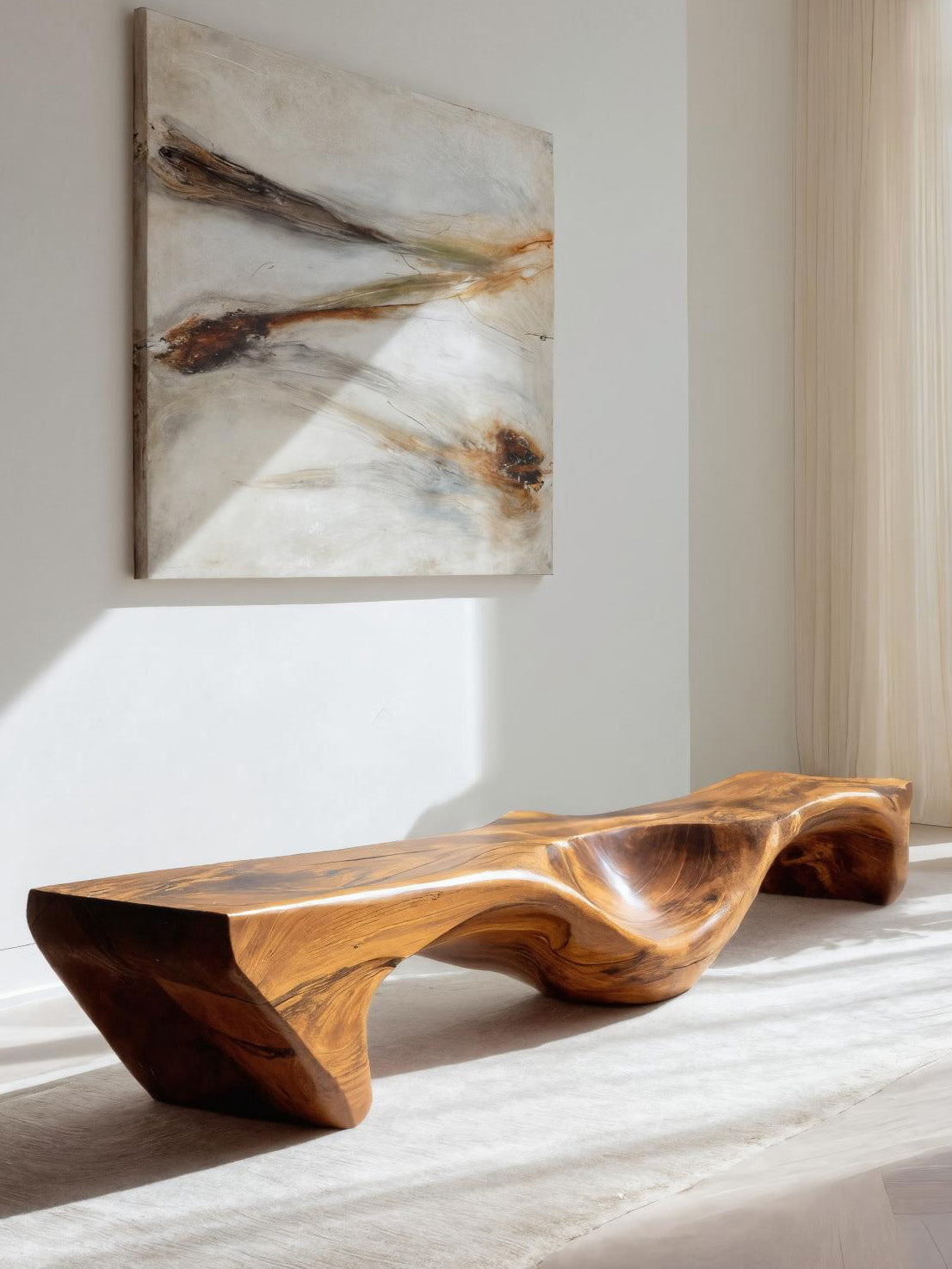 Organic Bench With Carved Wave Design For Living Room