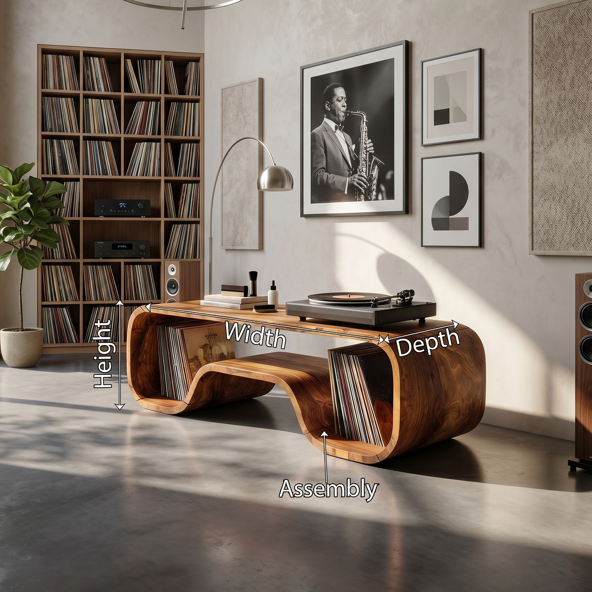 Japandi Curved Record Player Stand Audiophile Room